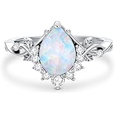 MOTIEL 1.5 Carat 925 Sterling Silver Pear Shaped Opal Engagement Rings for Women Leaf Genuine Opal Promise Wedding Ring for Her