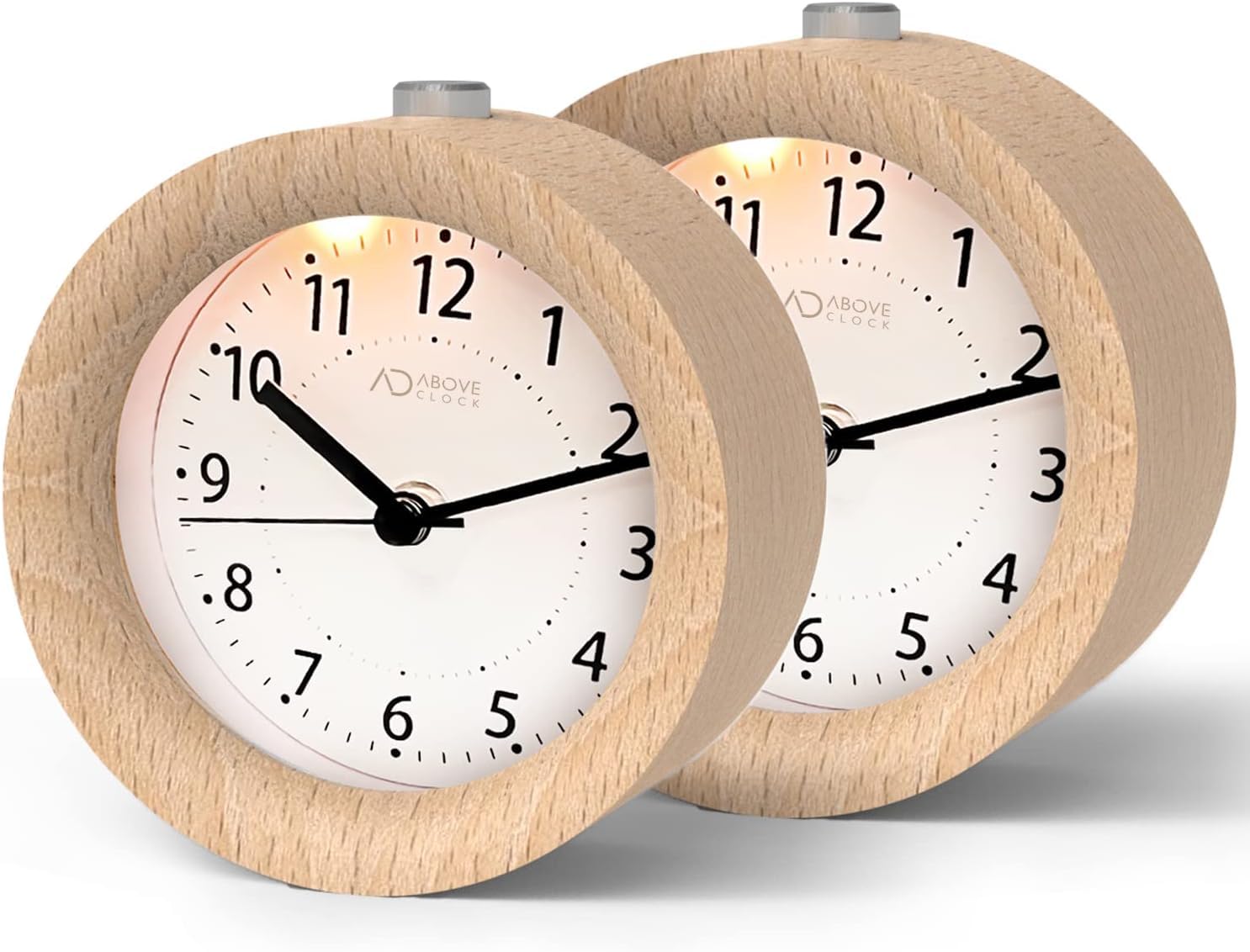 aboveClock Alarm Clock Analogue Without Ticking, Pack of 2, Wooden Alarm Clock with Snooze, Bedside Table Clock with Night Light, Not Included, Natural Wood in Light Brown