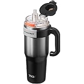 TKK 40 oz Tumblers with Handle and Straw, Ceramic Coating Insulated Bottle 100% Leakproof Travel Mug for Water, Iced Tea or Coffee, Smoothie, Cup Holder Friendly Base,SteelBlack