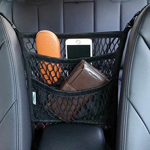 AMEIQ 3-Layer Car Mesh Organizer with Leather Box, Seat Back Net Bag, Barrier of Backseat Pet Kids, Cargo Tissue Purse Holder, Driver Storage Netting Pouch. (3 Optional Styles)