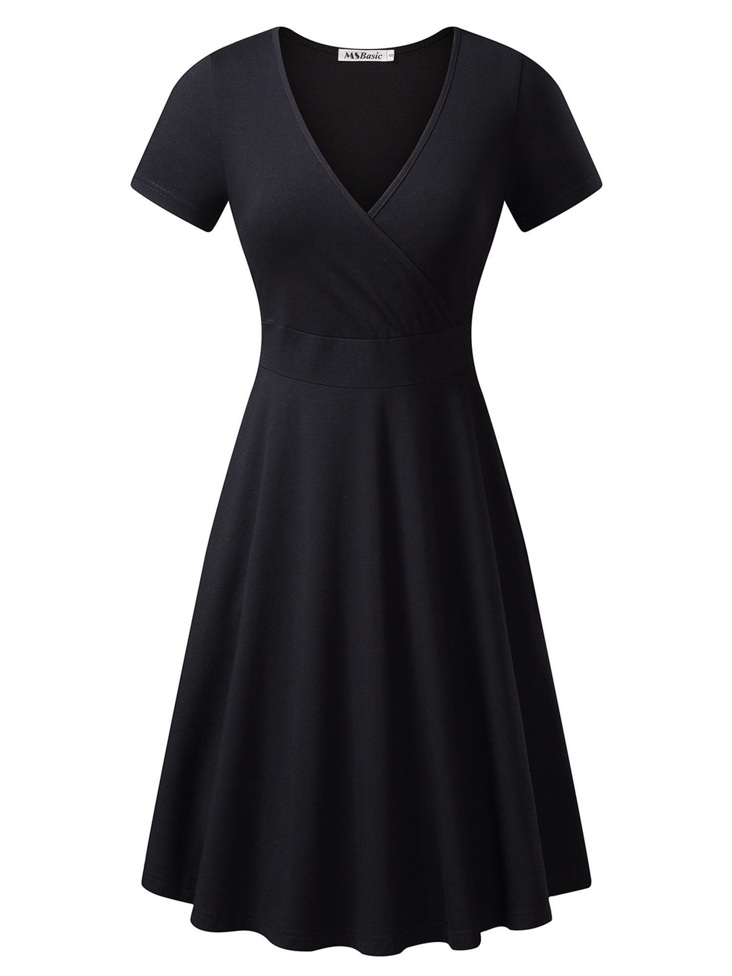 MSBASIC Women's Deep V Neck Short Sleeve Unique Cross Wrap Casual Flared Midi Dress