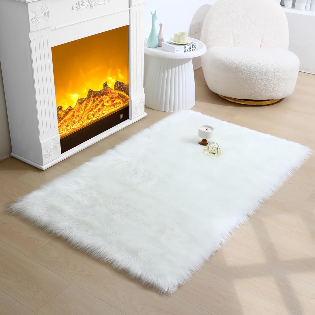 Photo 1 of CKLZSAY Faux Fur Sheepskin Rug Super Soft Fluffy Plush Area Rug Bedroom Floor Children's Room Sofa Cushion Living Room Runners Bedside Rugs (White,2×4 ft Rectangle)