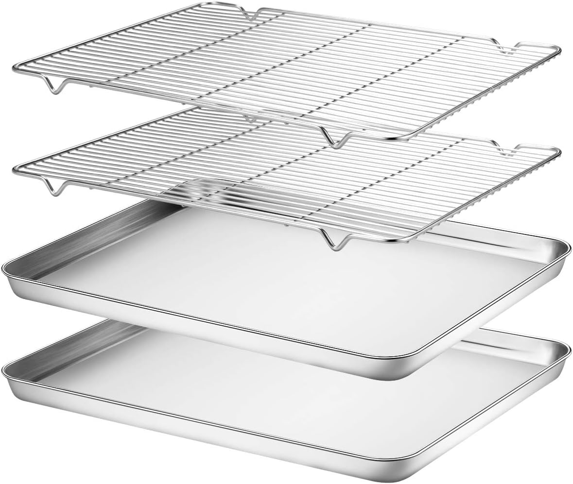 Stainless Steel Large Baking Sheet Set [2 Trays + 2 Racks] - Non-Toxic Cookie Pan, Heavy-Duty, Easy Clean, 40.5x30.5x2.5cm