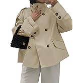 Tankaneo Womens Cropped Trench Coat Oversized Double Breasted Stand Collar Short Jacket Fall Casual Work Outerwear