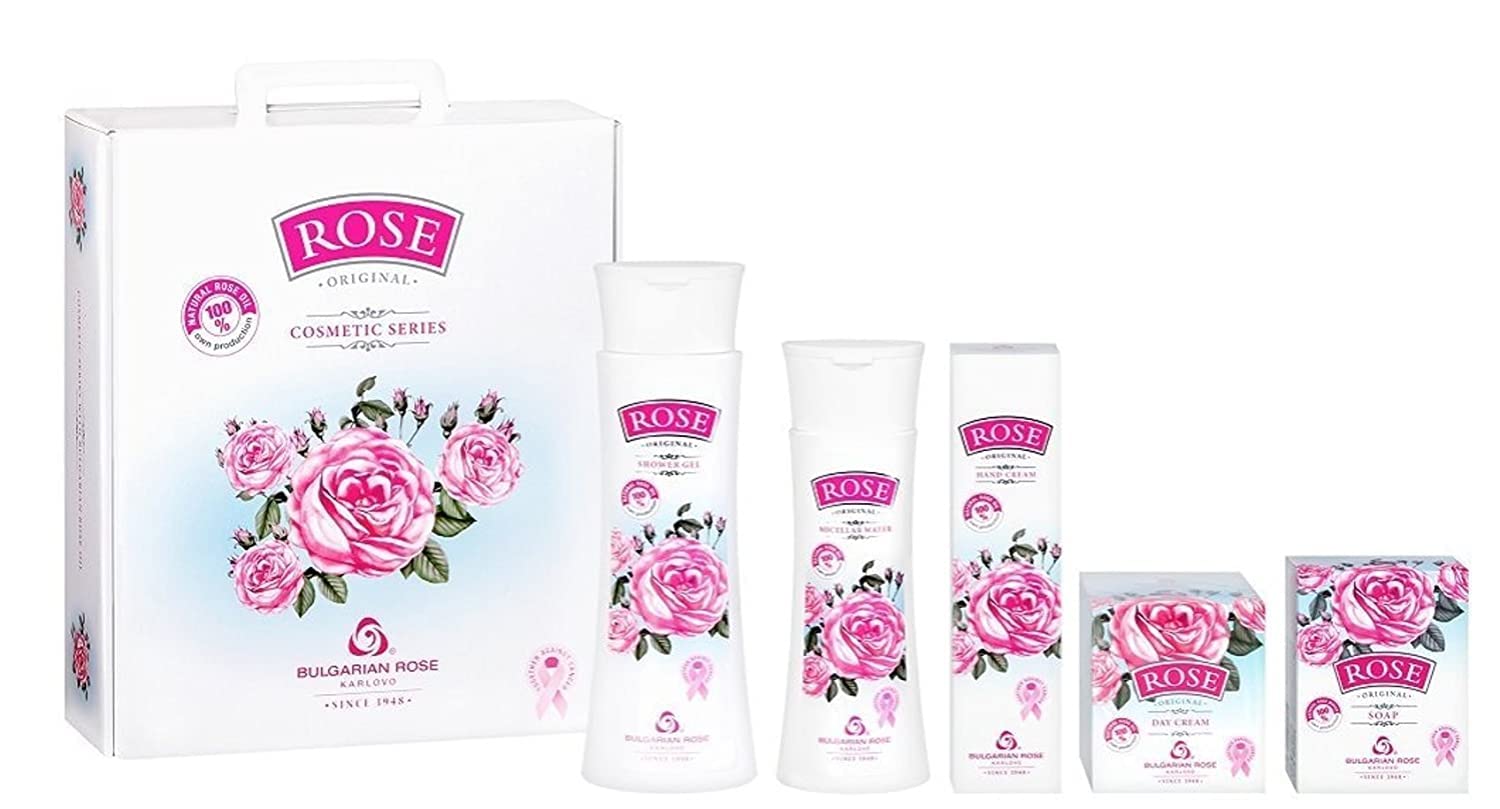 Rose Original Gift Set for Women of 5Pcs. with 100% Natural Rose Oil, Micellar Water, Shower Gel, Facial Day Cream, Hand Cream and Soap Parabens Free