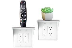 STORAGE THEORY Power Perch Double Wall Outlet Shelf with Cord Storage Strap – Bathroom Shelf for Electric Toothbrush and Toiletries – Small Wall Shelves for Homepod Mini, Echo Dot Stand – Easy Install, White, 2-Pack