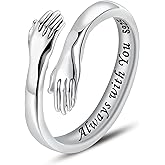 LOVECOM S925 Sterling Silver Hug Rings for Women Adjustable Hugging Hands Open Ring for Men Promise Rings Jewelry Birthday Mothers Day Gifts for Dad Mom Wife Daughters Grandma Best Friend