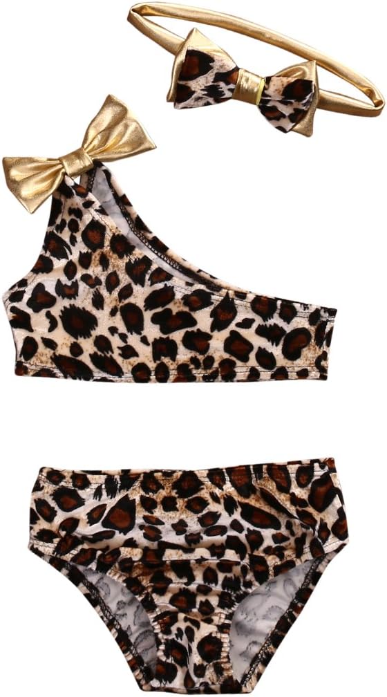 SeyurigaokaKids Baby Girls 3pcs Leopard One Shoulder Vest Panties Bowknot Bikini Set Swimsuit Bathing Suit