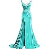 V Neck Satin Prom Dresses Long Mermaid Lace Evening Gown with Slit Pleated Bodycon Formal Dress with Tail