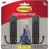 Command Large Matte Black Double Hooks, 2 Hooks and 2 Strips, Damage Free Hanging Wall Hooks with Adhesive Strips, No Tools Coat Hooks for Hanging Home Decor, Holds up to 4 lb