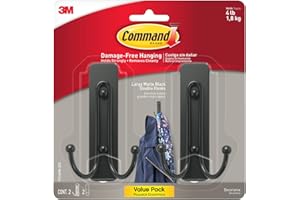 Command Large Matte Black Double Hooks, 2 Hooks and 2 Command Strips, Damage Free Hanging Wall Hooks with Adhesive Strips, No Tools Coat Hooks for Hanging Home Decor, Holds up to 4 lb