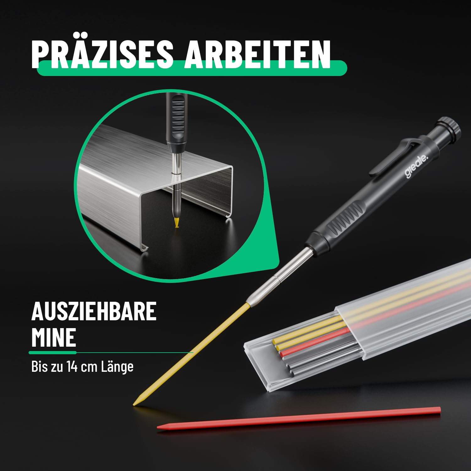 greate Tieflochmarker Bleistift inkl. 7 Mienen & Spitzer - Handwerker Baustellen Stift für Holz, Metall, Kunststoff, Fliesen und vieles mehr - Tiefenlochmarker, Markierstift, Baubleistift 2