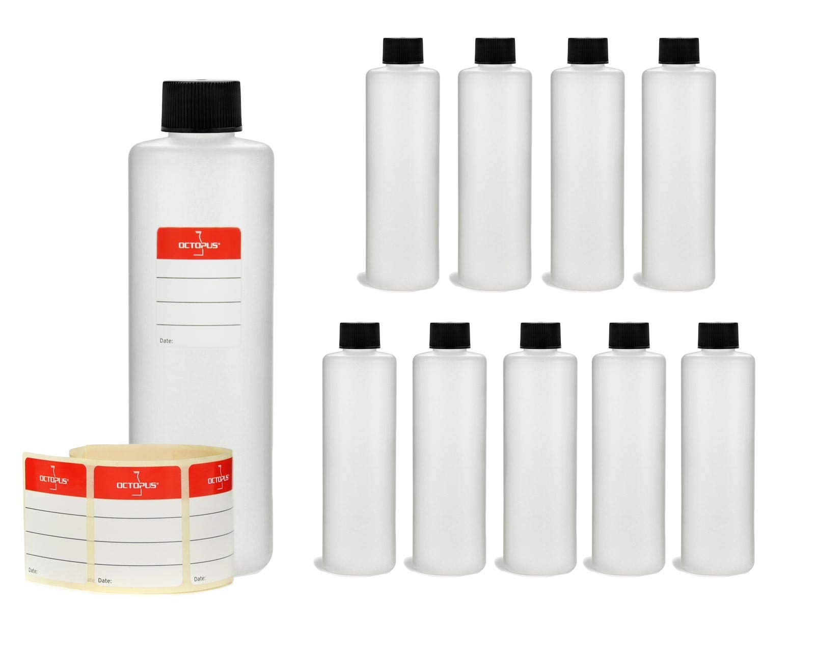 Octopus 10 x 250 ml plastic bottles, HDPE plastic bottles with black screw caps, empty bottles with black screw caps, round bottles incl. 10 labels