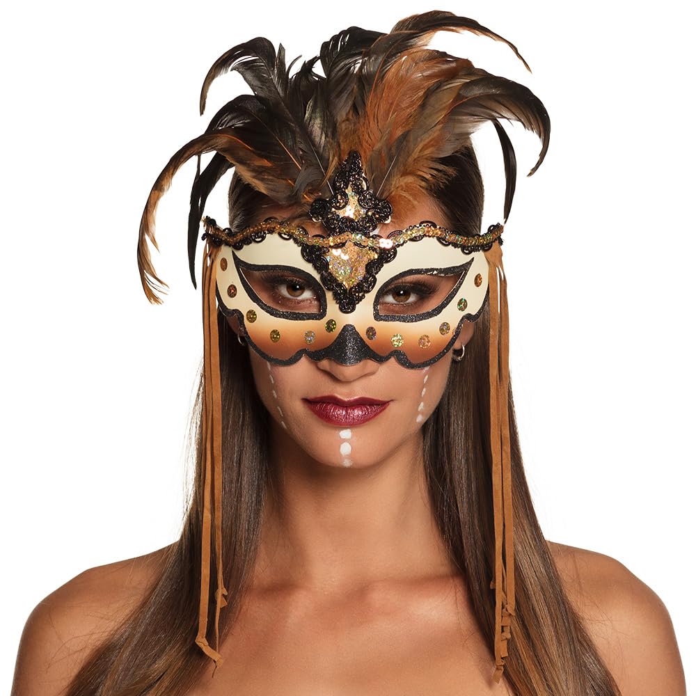 Boland 72195 - Voodoo Mamba Eye Mask, Face Mask with Glitter and Feathers, Mask, Costume Accessory for Carnival and Theme Party, brown