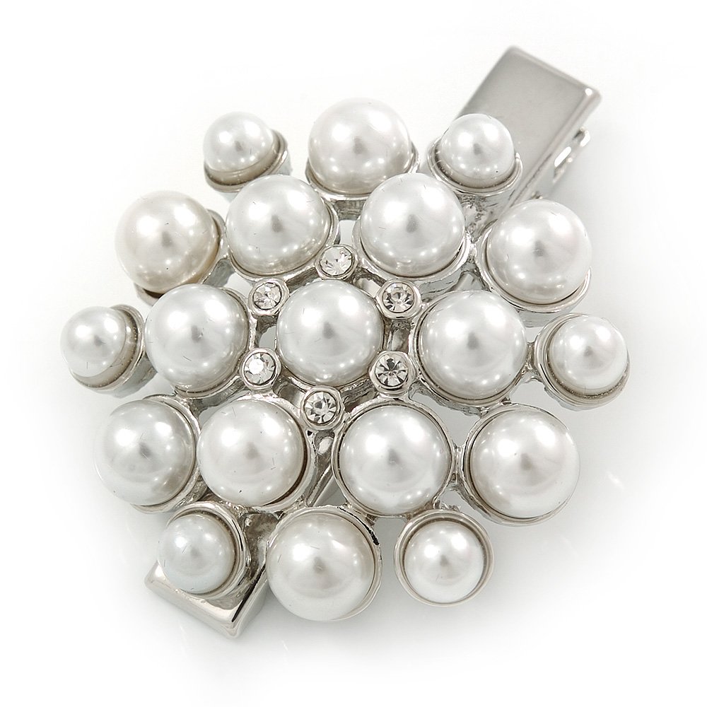 Clear Crystal Glass Pearl Flower Hair Beak Clip/Concord Clip/Clamp Clip In Silver Tone - 45mm L