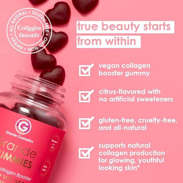GRANDE COSMETICS VEGAN COLLAGEN HAIR VITAMIN GUMMIES FOR HAIR, SKIN, LASH, & BROW FOR WOMEN WITH BIOTIN, FOLIC ACID, VITAMIN C – 1 MONTH SUPPLY, 60 TABLETS, CITRUS FLAVOR