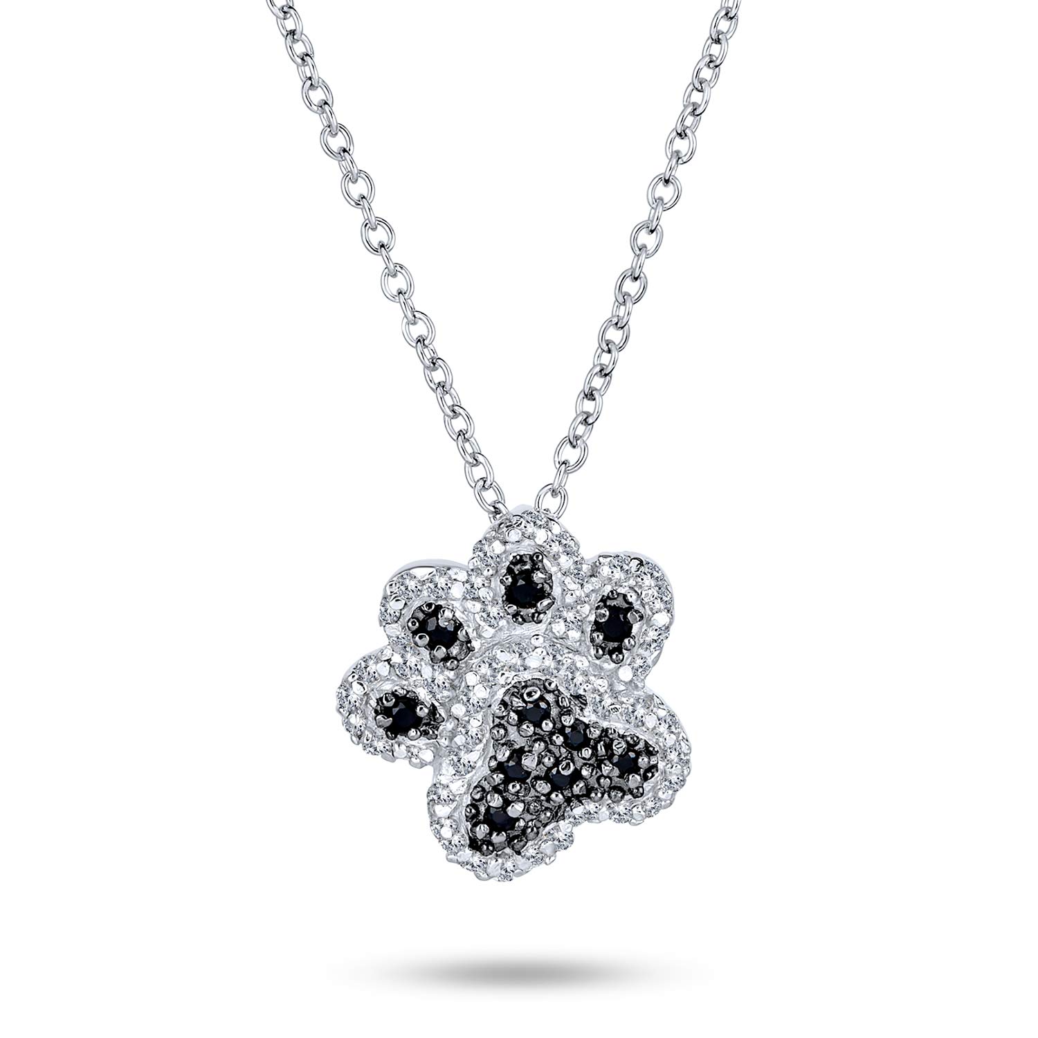 Bling Jewelry Black White Pave CZ Dog Cat Puppy Kitten BFF Pet Paw Print Pendant Necklace For Women Teen .925 Sterling Silver