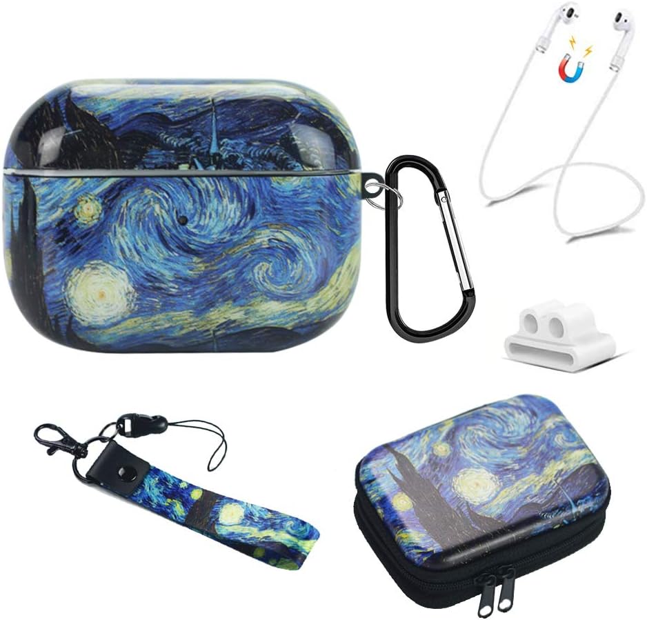QIELIZI Airpods Pro Case with Keychain Lanyard,Protective Shockproof Case Cover 5 in 1 Airpods Accessories Set Compatible with Apple Airpods Pro 3 2019 with Holding Strap（Starry Sky）