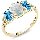 Gem Stone King 10K Yellow Gold 3-Stone Diamond Engagement Ring 2.12 Ct Oval Cabochon White Simulated Opal Swiss Blue Topaz