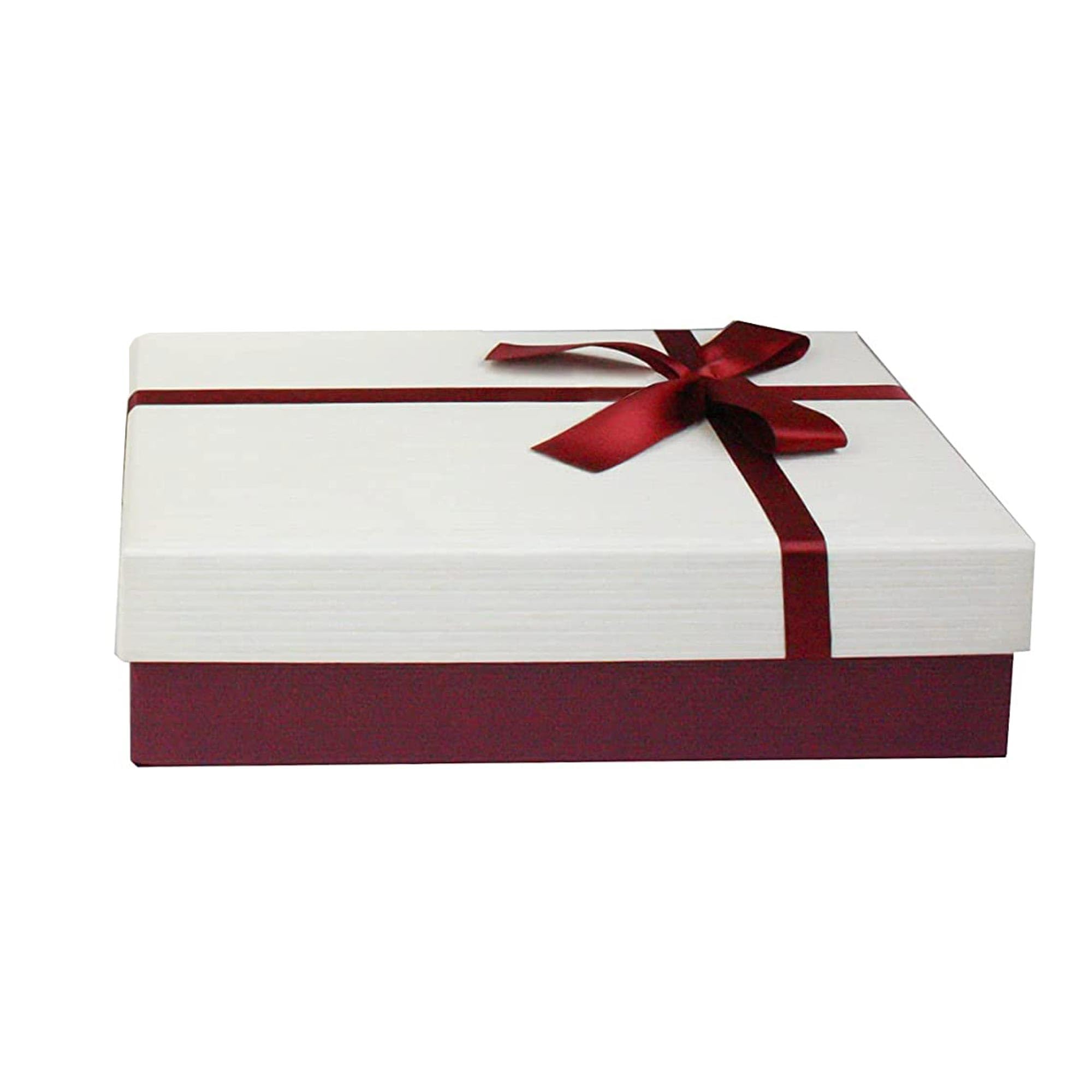 Emartbuy Burgundy/Cream Rigid Gift Box with Ribbon – 24.5 x 17 x 6.5 cm – Luxury Cardboard Presentation Box | Premium Packaging for Hampers, Birthdays, Weddings, Corporate Gifting
