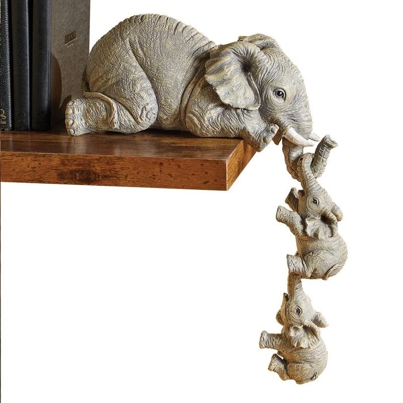 LSDZHK Elephant Shelf Sitter, Mother Elephant Hanging 2 Baby Elephants on the Edge Sitter Figurines Resin Collectable Figurines for Home Decor Gift, Grayish Brown (Resin-Elephant)
