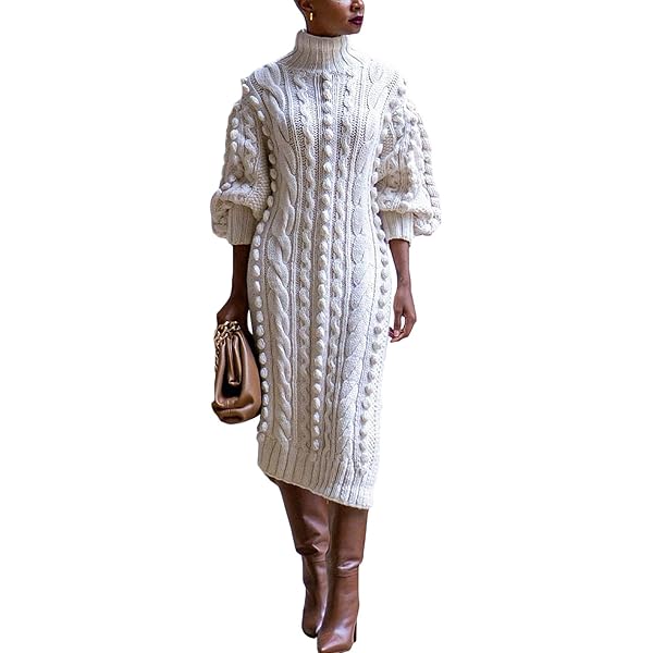 Ecirod Womens High Neck Ribbed Knit Cable Sweater Dresses