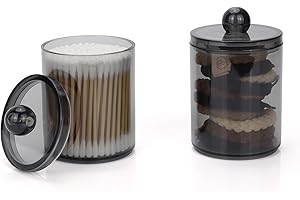 DAPOWER 2 Pack Qtip Holder Vanity Storage Canister for Cotton Ball Cotton Swab Pads Floss, 10-Ounce Clear Plastic Apothecary Jar with Lid, Bathroom Organizers and Storage (2)