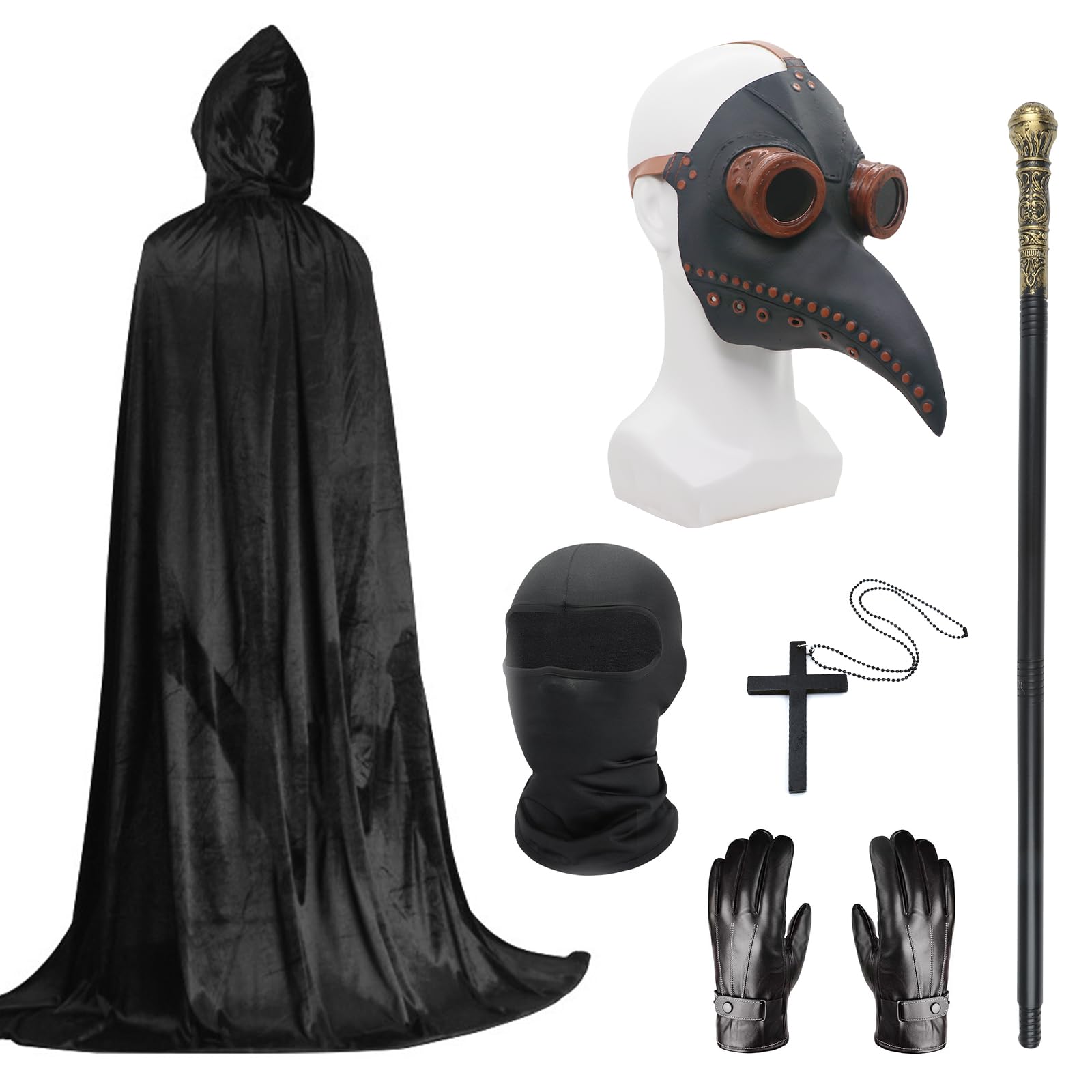 Plague Doctor Costume Set, Halloween Mask Long Nose Beak Mask Black with Black Hooded Cloak Cross Necklace Gloves Cane Full Face Mask for Halloween Party, Punk Carnival, Masquerade