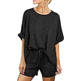 Tankaneo Womens 2 Piece Lounge Sets Oversized Short Sleeve T-shirts Drawstring Shorts Sets Pajamas Summer Outfits