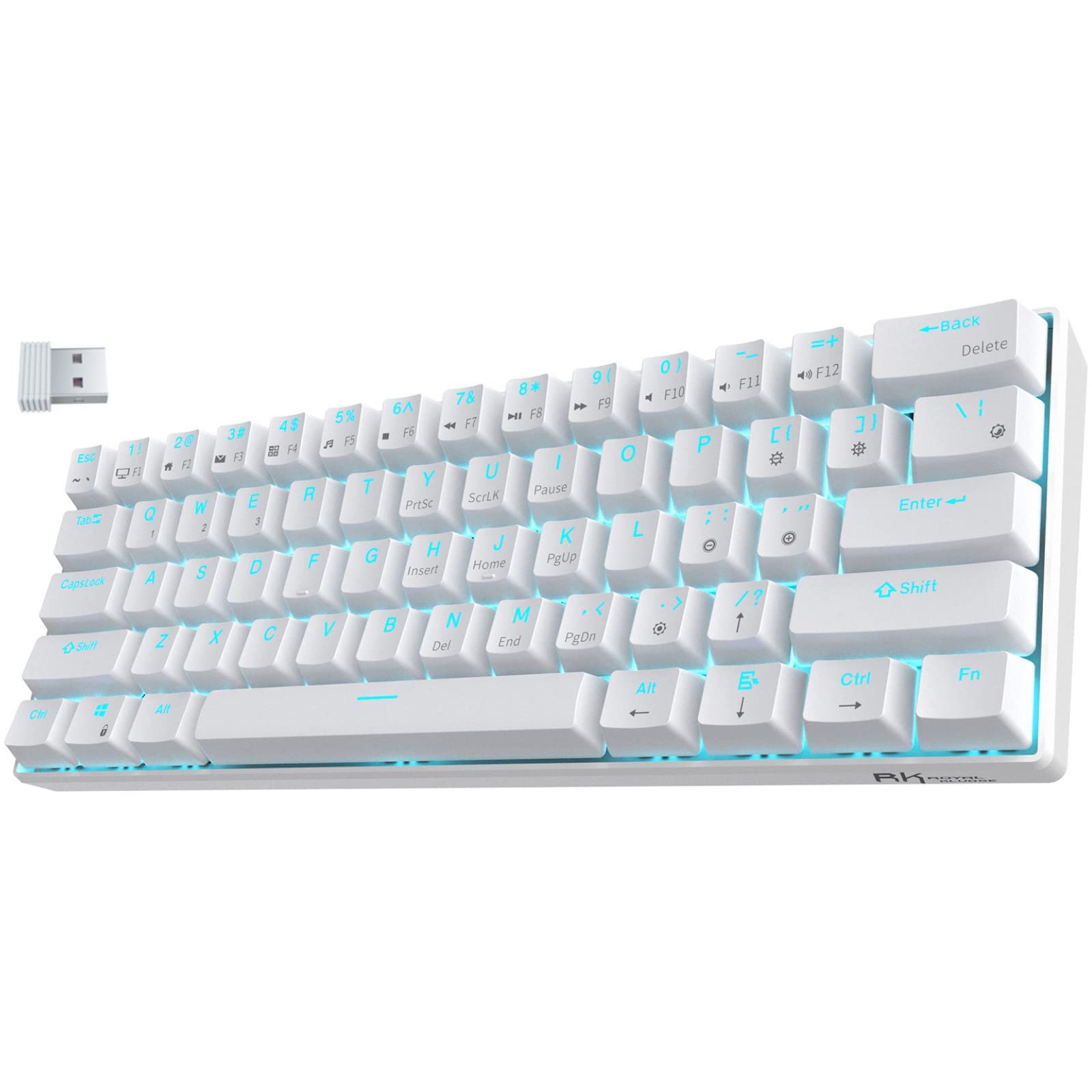 RK ROYAL KLUDGE RK61 Wireless 60% Triple Mode BT5.0/2.4G/USB-C Wired Mechanical Gaming Keyboard, Compact 61 Keys Bluetooth Mechanical Keyboard with Software (Hot Swappable Brown Switch, White)
