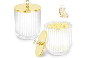 Jenseits 2PCS Qtip Holder Set, Clear Glass Apothecary Jars With Lid for Cotton Ball and Round Pad Storage, Bathroom Vanity Organization, Farmhouse Home Decor