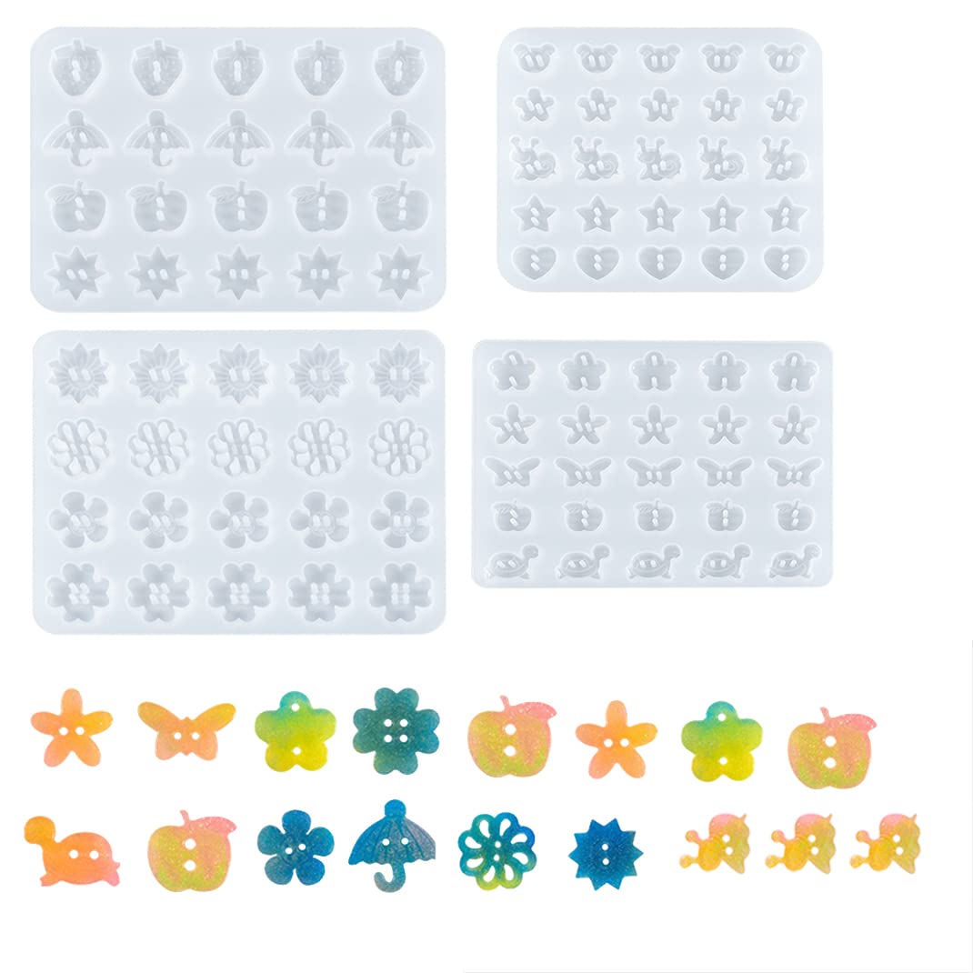 DIYBravo 4PCS Resin Moulds Earring Studs Cute Buttons Flower Heart Apple Clover Silicone Moulds Epoxy Resin Casting Ornament Moulds for DIY Gift Making Crafts