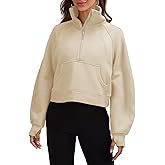 Heltapy Womens Sweatshirts Half Zipper Crop Pullover Funnel Neck Fleece Lined Zip Up Long Sleeve Tops Thumb Hole Khaki