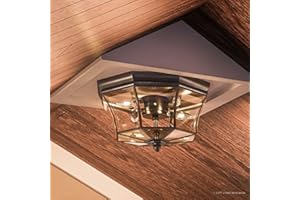 Urban Ambiance Luxury Colonial Outdoor Ceiling Light, Medium Size: 8" H x 15.25" W, with Tudor Style Elements, Versatile Design, High-End Black Silk Finish and Beveled Glass, UQL1155