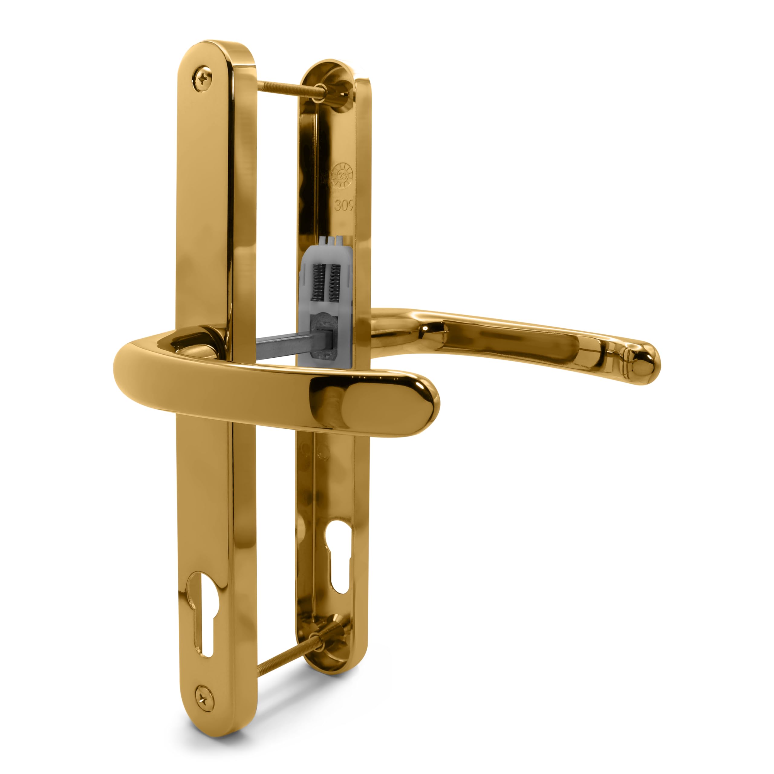 TSS Polished Brass UPVC Door Handle Pair Set, 92mm PZ (Centres), Sprung, Lever Lever, 240mm Screw to Screw (Screw centres), Backplate 270mm x 32mm - Replacement PVC Door Handle in Polished Brass