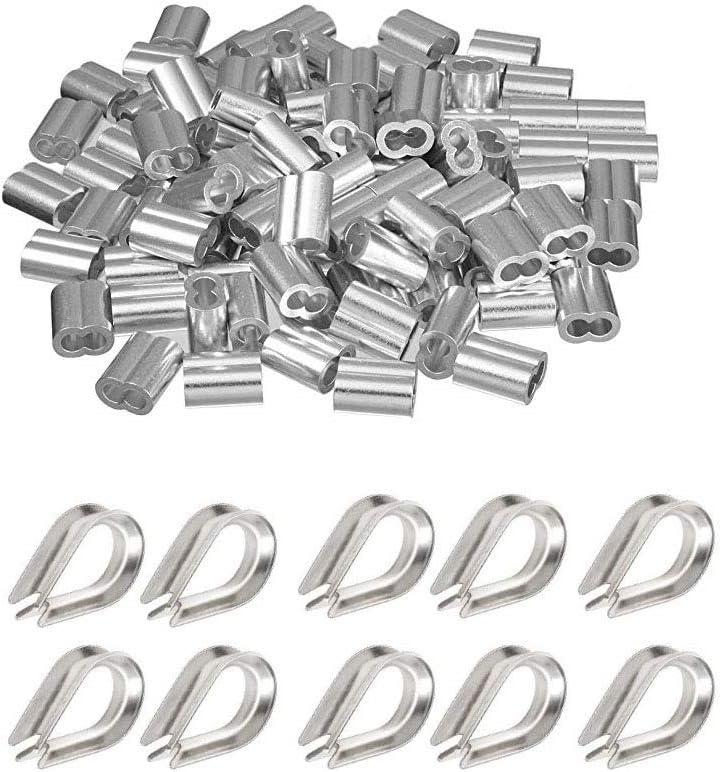 50PCS 5/32 inch Wire Rope Aluminum Sleeves with10 pcs M4 Stainless Steel Thimble Combo