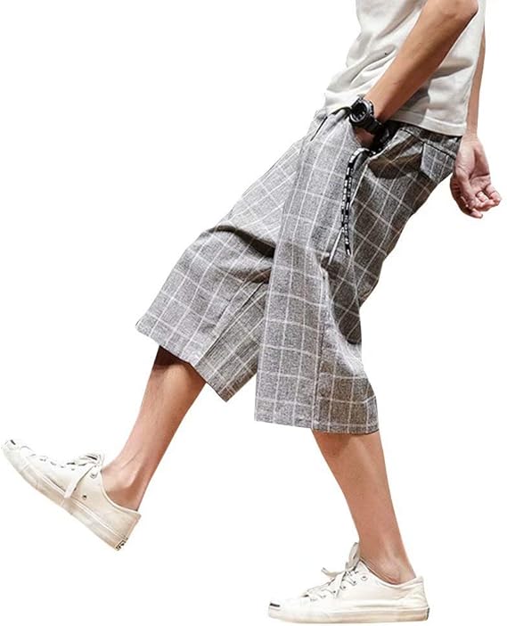 Amazon Japhot サルエルパンツ メンズ ハーフパンツ チェック柄 7分丈 クロップドパンツ 膝下 袴パンツ ワイドパンツ 調整紐 スウエット ボトムス 夏 無地 カジュアル 大きいサイズ ミディアムパンツ 通販