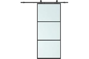 Calhome 30 in. x 84 in. Full Lite Frosted Glass Black Steel Frame Interior Sliding Barn Door with Hardware Kit and Door Handle