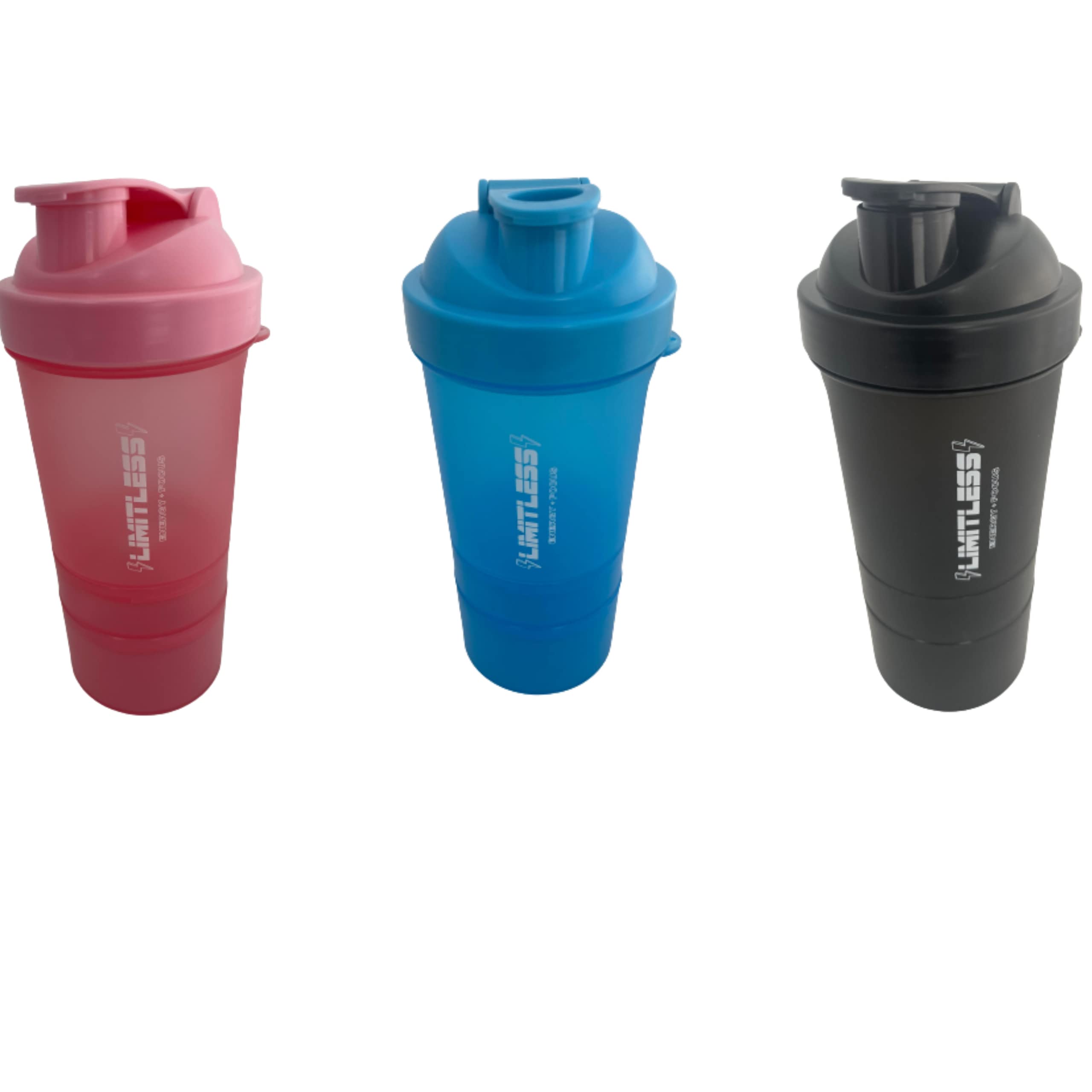 SHINE 2 PACK PROTEIN BOTTLE SHAKERS WITH TIGHT LIDS FOR SPORTS AND FITNESS with compartments (3 PACK, PINK,BLUE,BLACK)