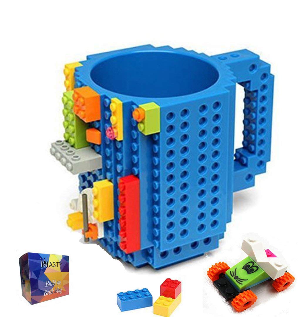 MA3TY Build-On Brick Coffee Mug, Funny Cups DIY Creative Building Blocks Xmas Present, Novelty Christmas Santa Gifts for Women Men,Thanksgiving,New Year with 3 Bags Accessories (Blue)