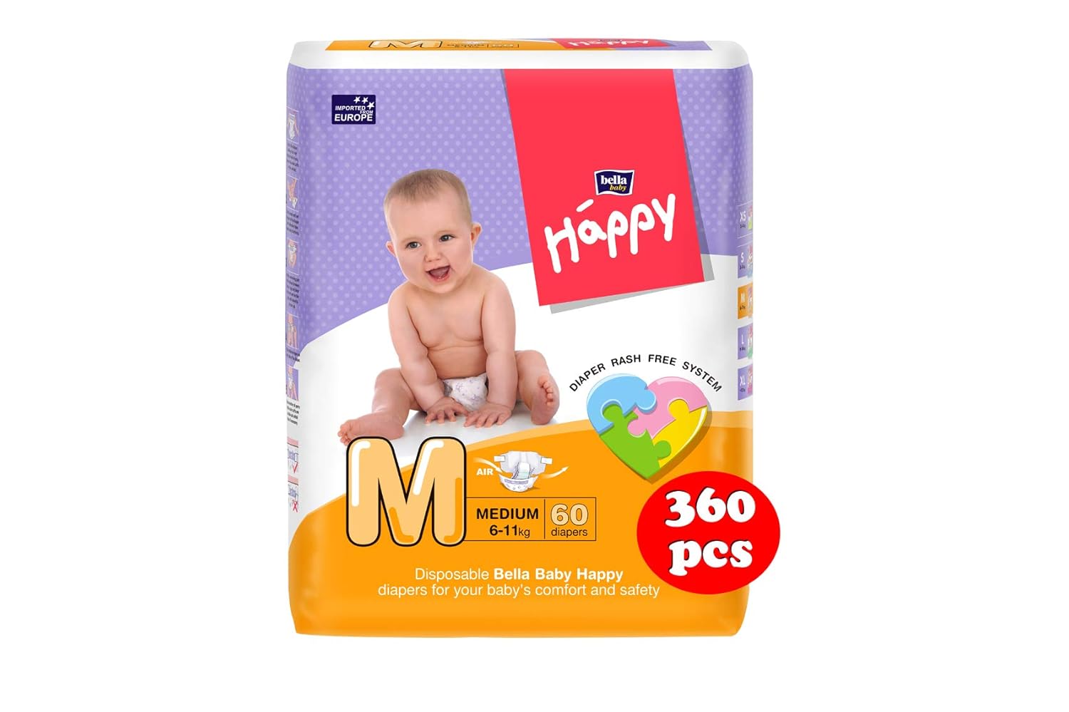 Bella Baby Happy Diapers - 60 Pieces (Medium, Pack of 6)