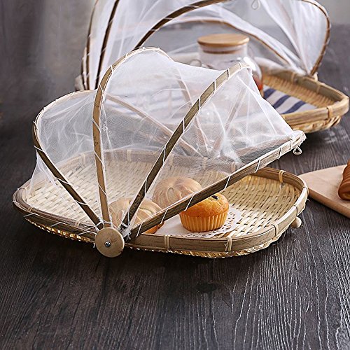 Hand-Woven Bug- proof Basket Dustproof Sun Basket Handmade Fruit Vegetable Bread Cover Picnic Basket with Gauze Ksruee