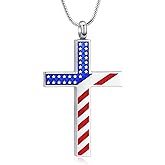American Flag Cross Urn Necklace for Ashes for Men Women Cremation Jewelry Religious Cross Ashes Keepsake Memorial Jewelry of Loved One