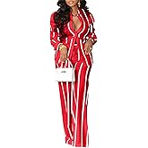 Elainone Women's 2 Piece Outfits Stripe Long Sleeve Button Down Shirt Wide Leg Long Pants with Pockets
