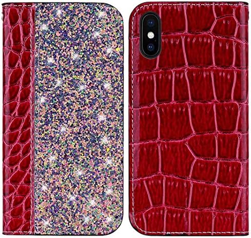 Case for iPhone Xs Max Phone Cover,Red Leather Wallet Bling Case for iPhone Xs Max,Folio Flip Case with Kickstand,Magnetic Closure,Card Slot,Women Book Case for iPhone Xs Max