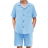 Haloumoning Boys 2 Pieces Summer Outfits Beach Short Sleeve Button Down Shirts and Shorts Vacation Texture Sets for Kids