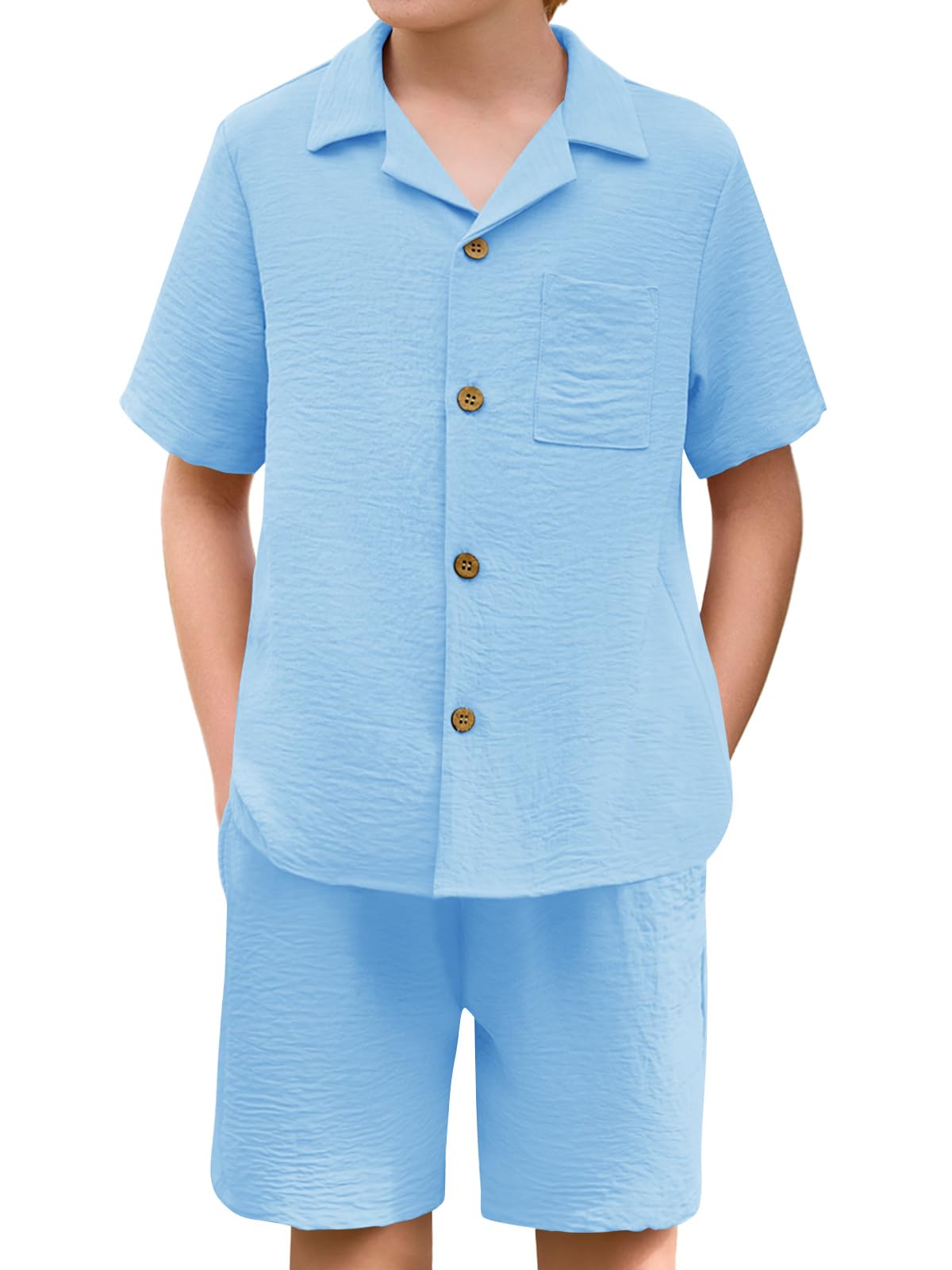 Photo 1 of Haloumoning Boys 2 Pieces Summer Outfits Beach Short Sleeve Button Down Shirts and Shorts Vacation Texture Sets for Kids