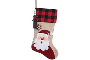 TWSANTAMAS Christmas Stockings Personalized, 20" Embroidered Christmas Stocking Burlap Plaid Xmas Stocking with Wooden Tags DIY Name,Farmhouse Holiday Christmas Decoration Gifts(Santa)