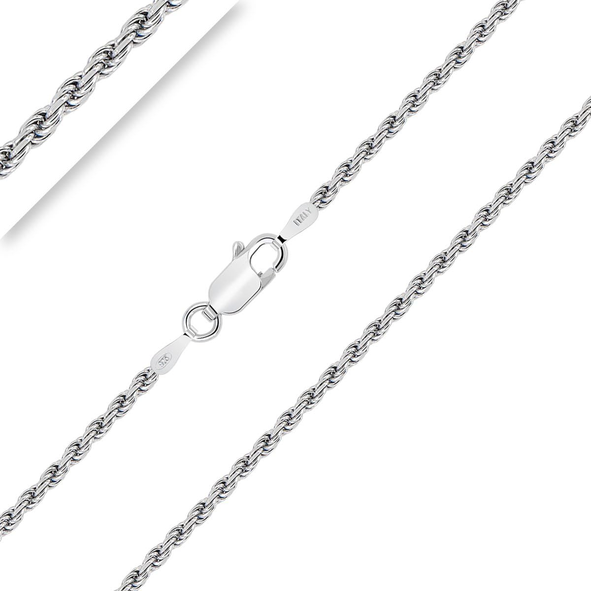 PLANETYS - 925 Sterling Silver Rhodium Finishing Diamond Cut Rope Chain Necklace 1.8 mm Width Lengths: 16, 18, 20, 22, 24, 26, 28" Inch