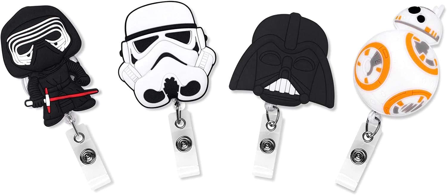 Finex 4 Pcs Set Star Wars BB8 Darth Vader Kylo Ren Stormtrooper Badge ID Clip Reel Retractable Holder Office Work Nurse Name Badge Tag Clip On Card Holders Cute - 30 inch Cord Extension